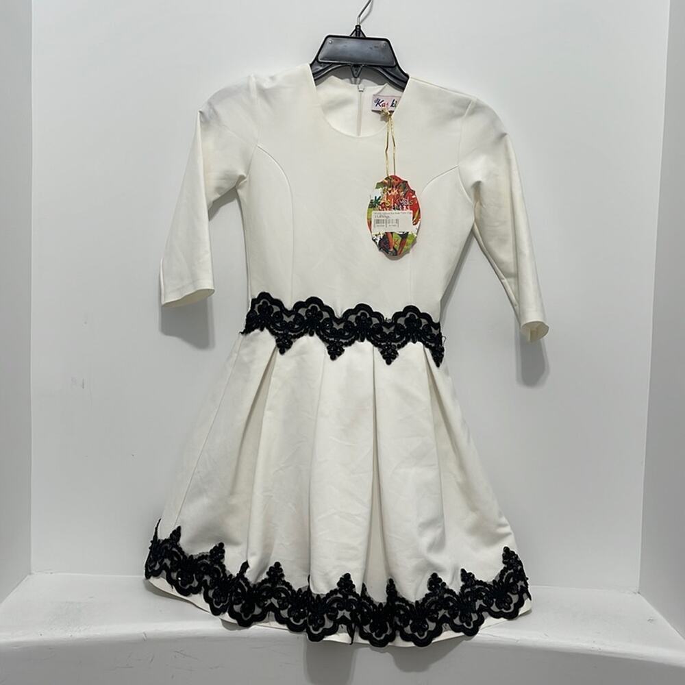 KAS Kids Girls Dress White Black Embroidery Trim Long Sleeve  Size 140
